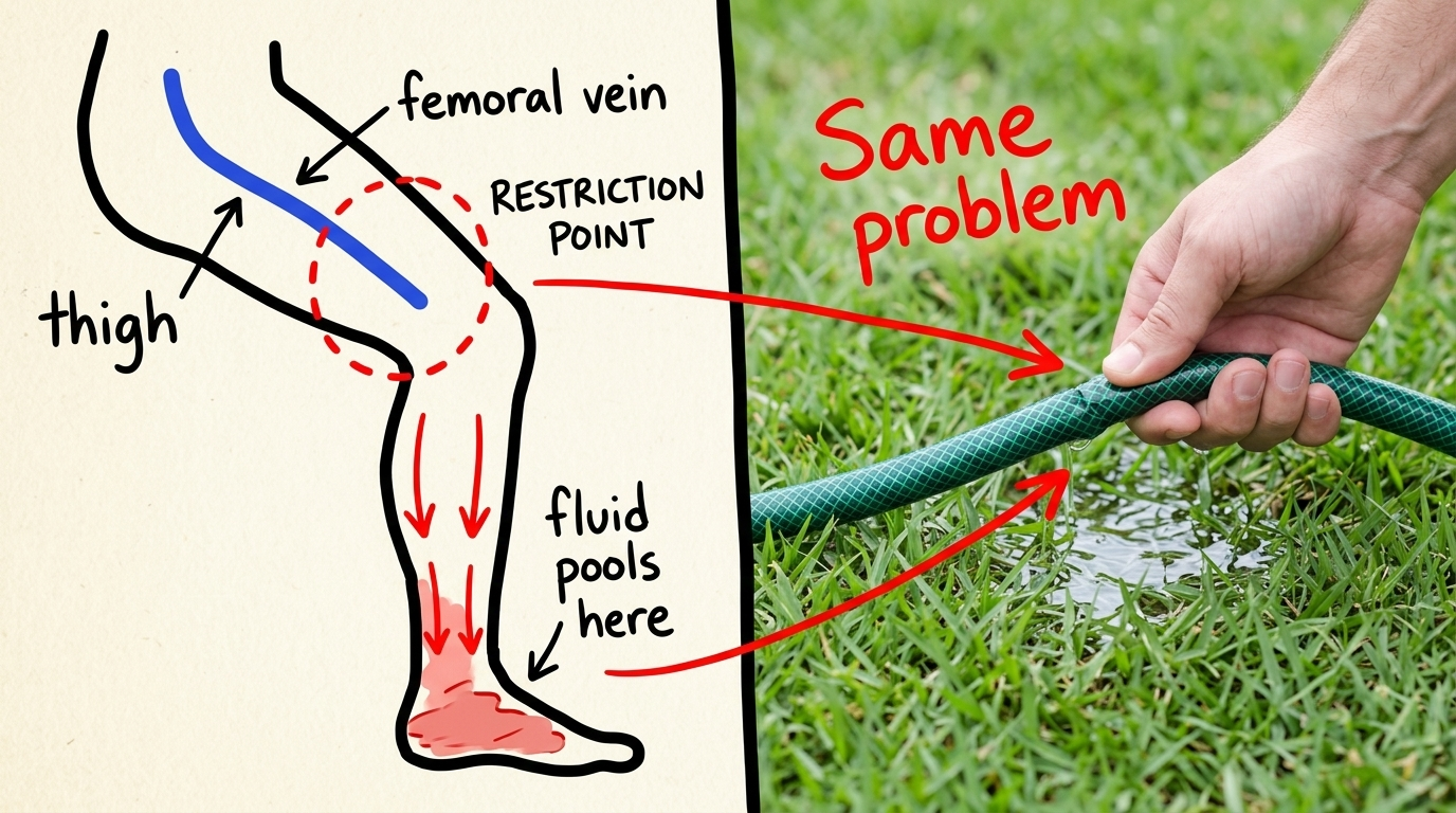 Anatomy diagram — the femoral vein restriction in your thigh, with a garden hose analogy showing why downstream pressure does nothing
