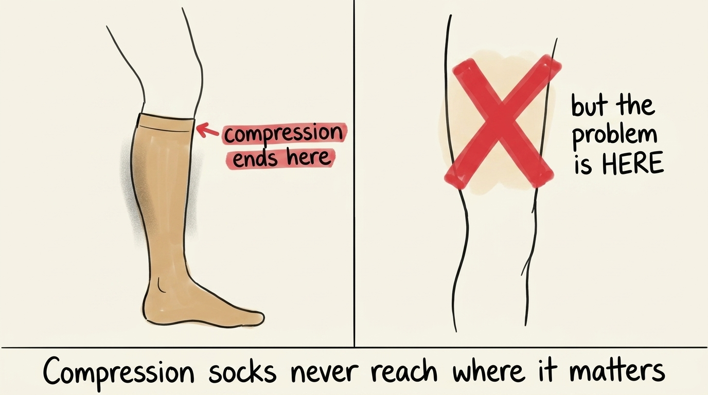 Diagram showing compression socks ending at the calf — but the real restriction is higher up in the thigh