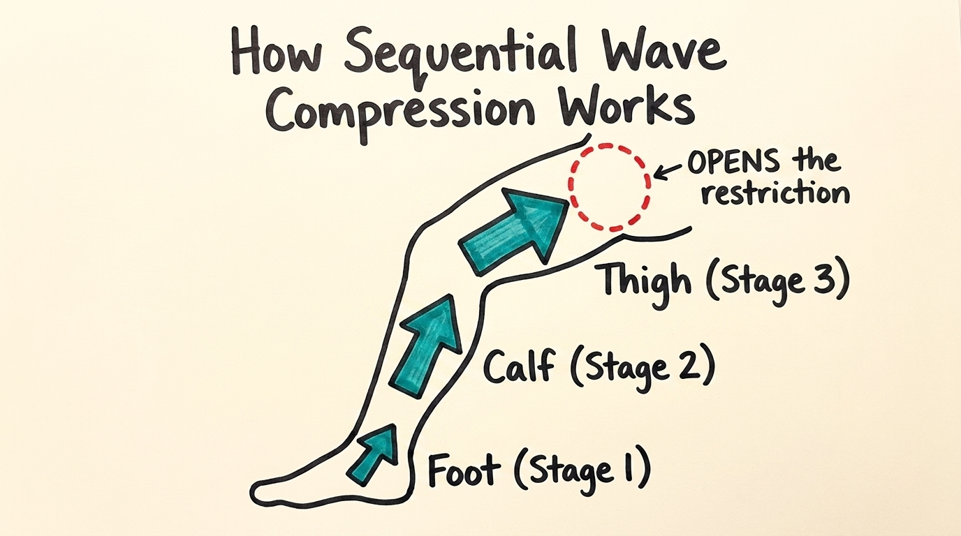 Diagram — sequential wave compression starts at the foot, moves up through the calf, opens the restriction at the thigh