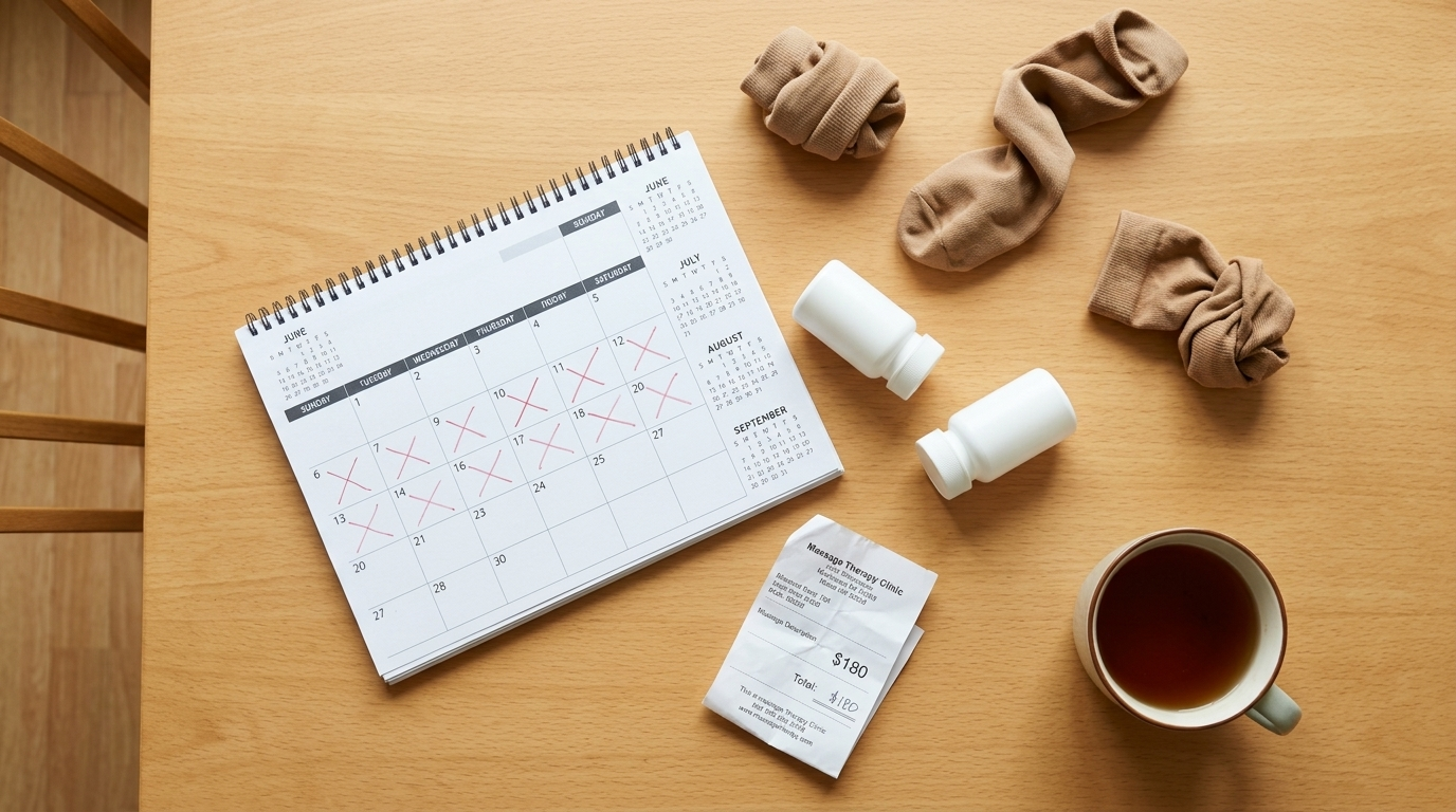 Months of failed remedies — calendar, compression socks, water pill bottles, lymphatic massage receipt — laid out on a kitchen table