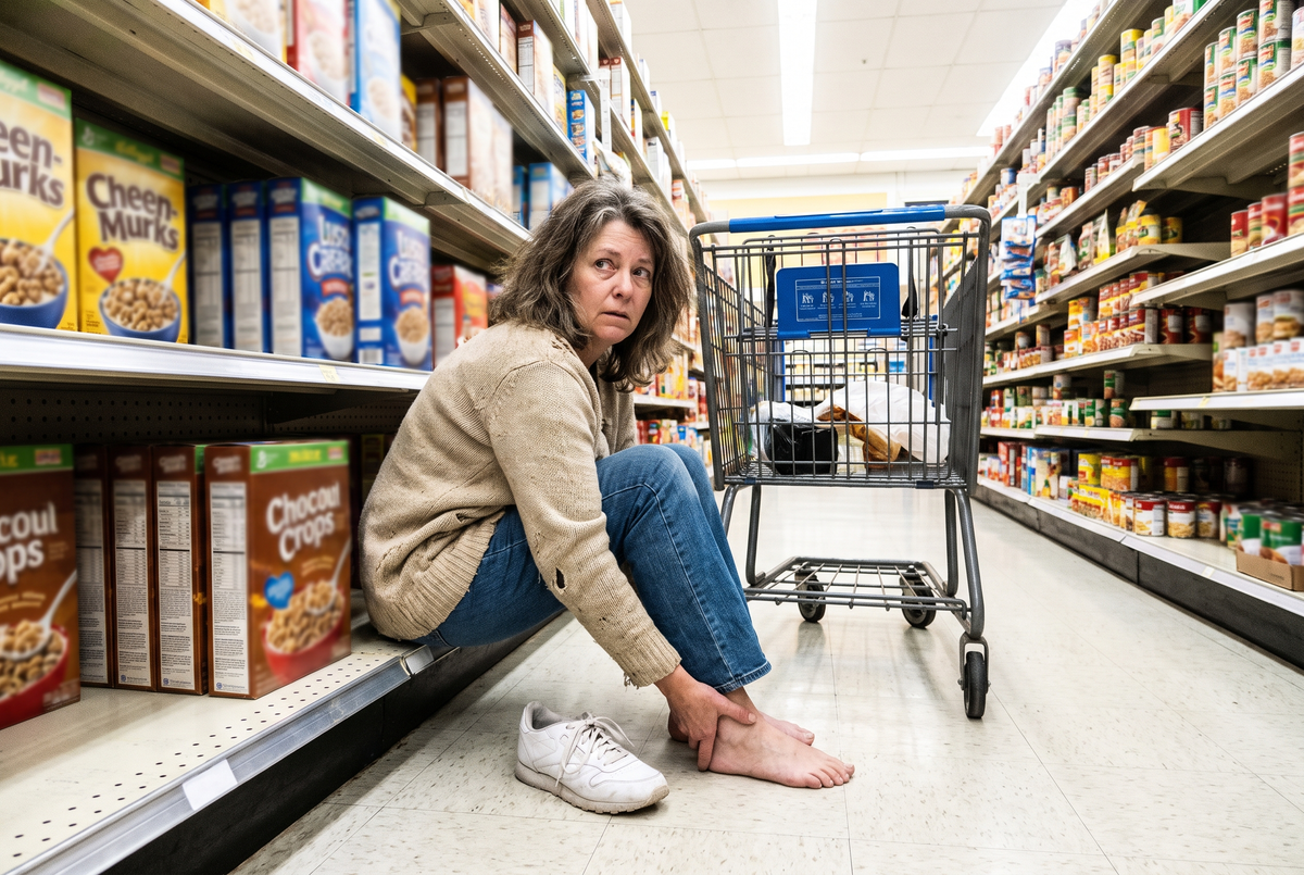 Woman rubbing her heel in a supermarket aisle