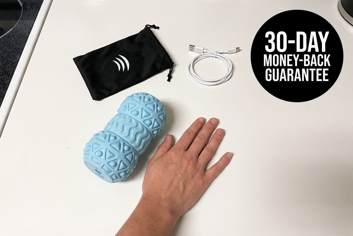 Vibit ROLL flat lay with carry bag, cable and 30-day guarantee badge