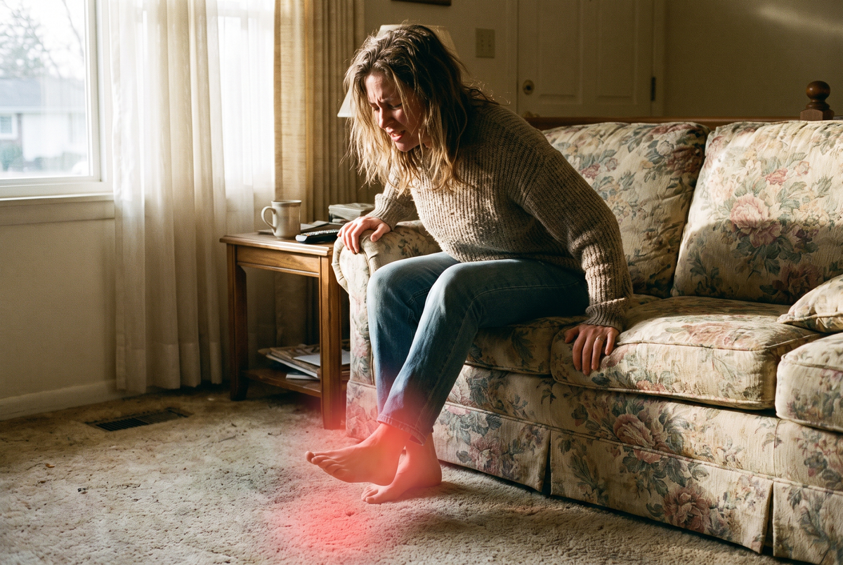 Woman pushing herself up off the couch, wincing, with the pain in her heel highlighted in red