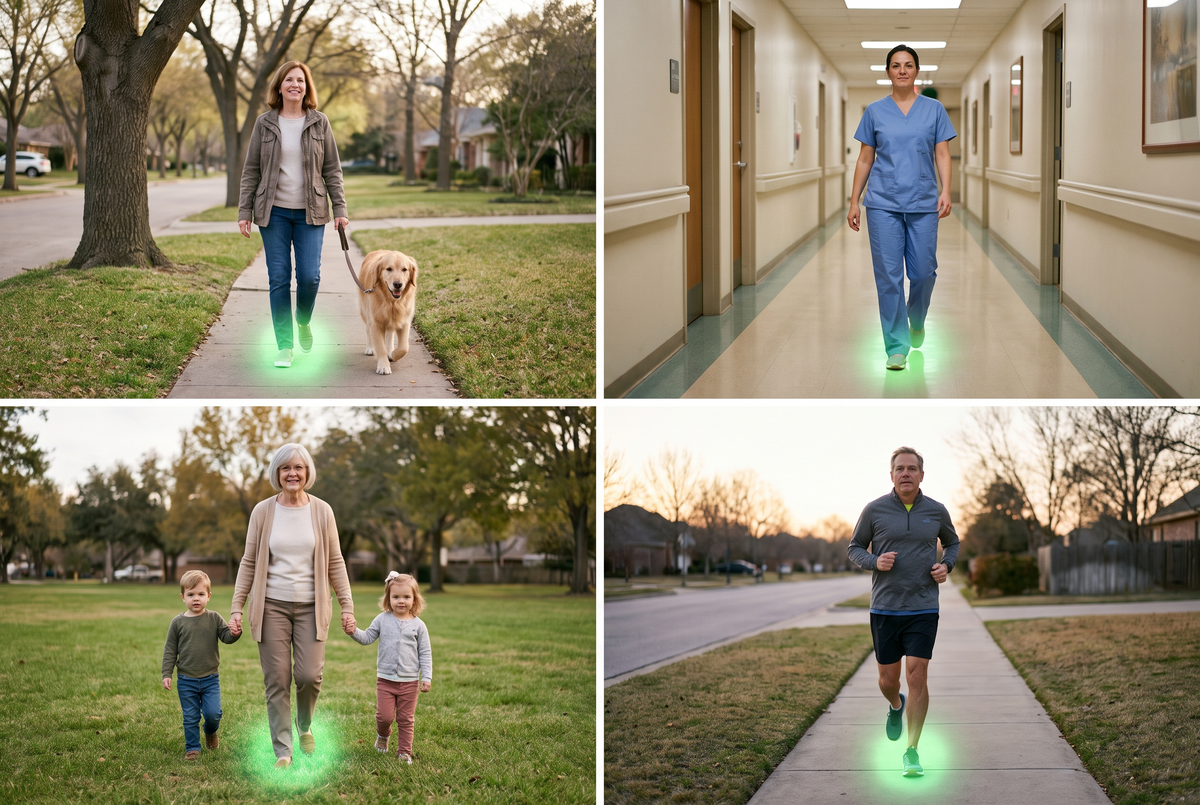 The same four everyday moments given back: walking the dog, a full shift at work, keeping up with the grandchildren, and a morning run