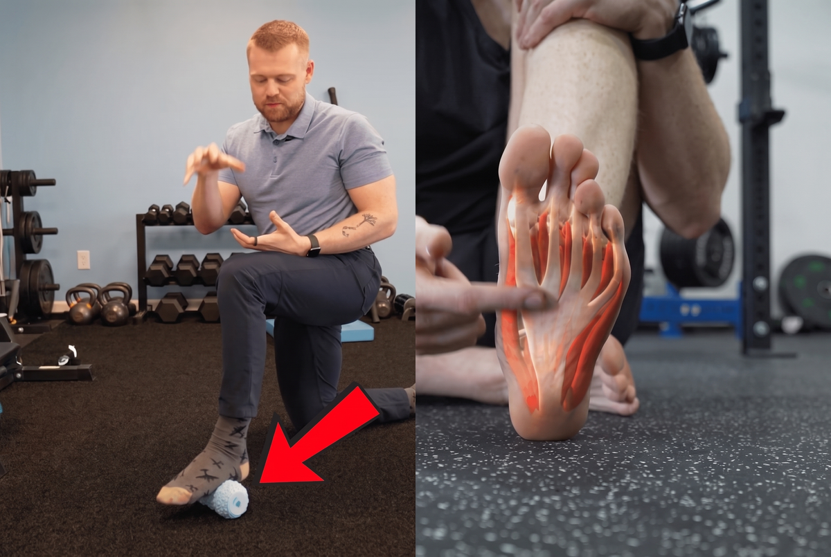 Dr. Kyle Richmond demonstrating the Vibit ROLL under the arch of his foot, next to an illustration of the plantar fascia on the sole of the foot