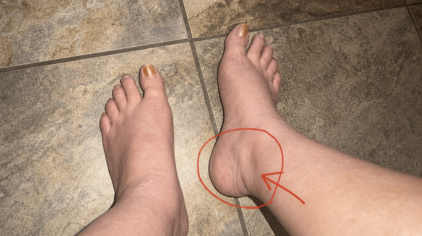 Bare feet on tile floor with the heel circled in red pen — the morning first-step pain location