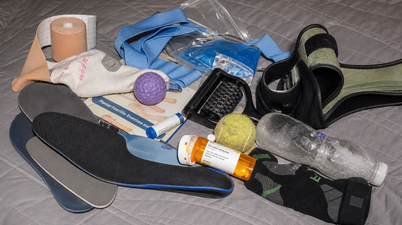 A messy flat-lay of every failed plantar fasciitis remedy — orthotics, night splint, KT tape, tennis ball, frozen water bottle, pill bottle