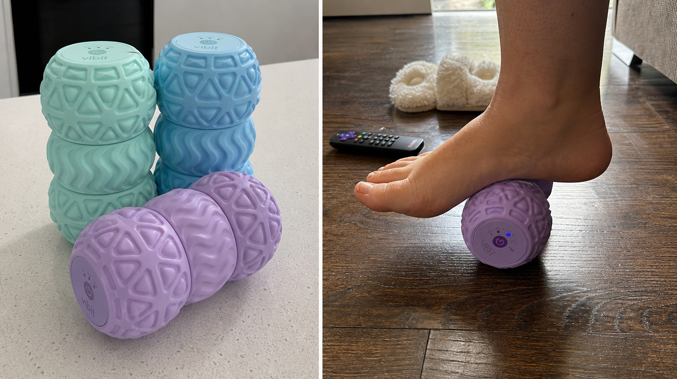 The Vibit Roll foot massager — shown in three colors with a foot rolling on one on the living-room floor