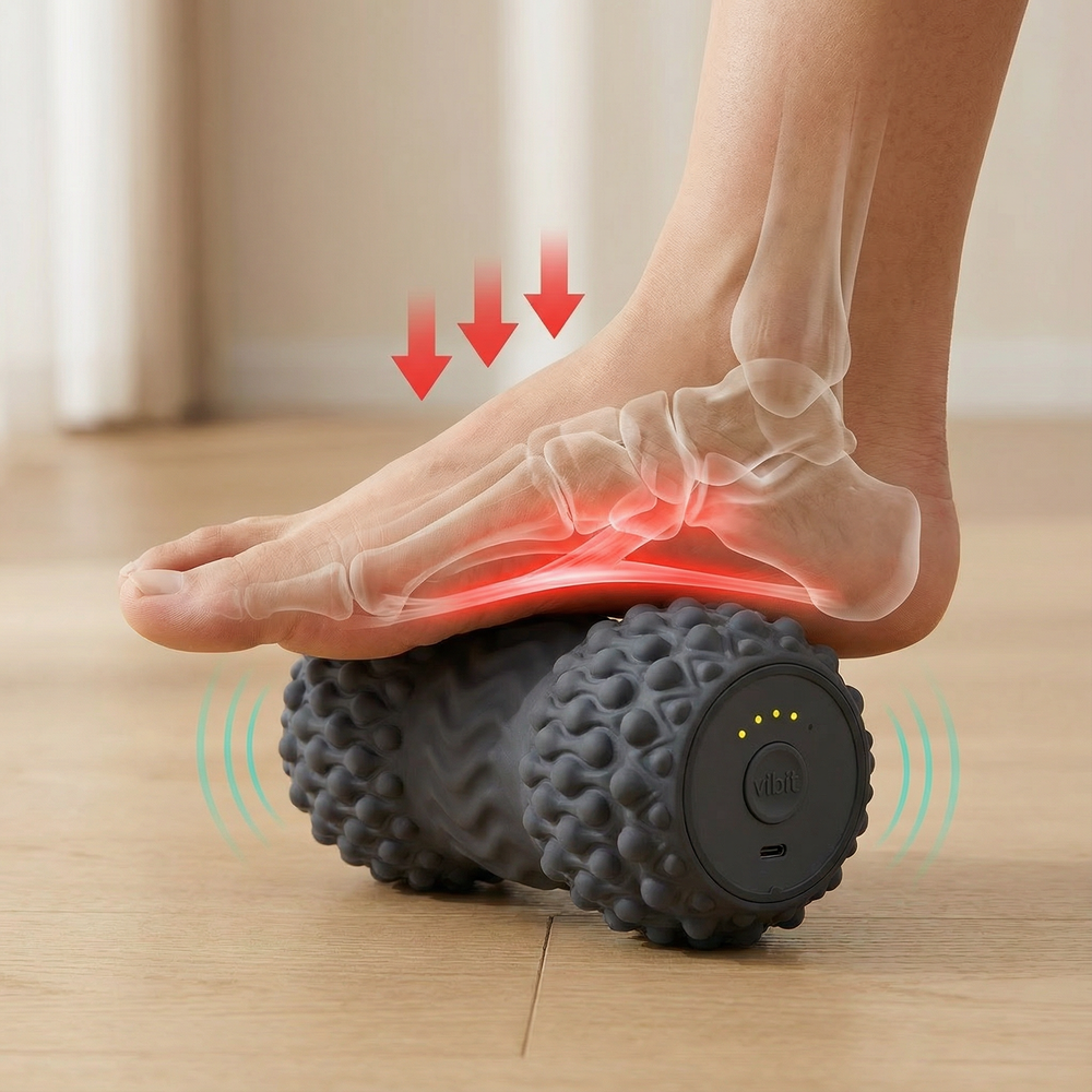 Person using a foot roller on a wooden floor with a transparent overlay showing foot anatomy.