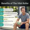 Man holding a Vabit Roller with text listing benefits outdoors