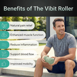 Man holding a Vabit Roller with text listing benefits outdoors